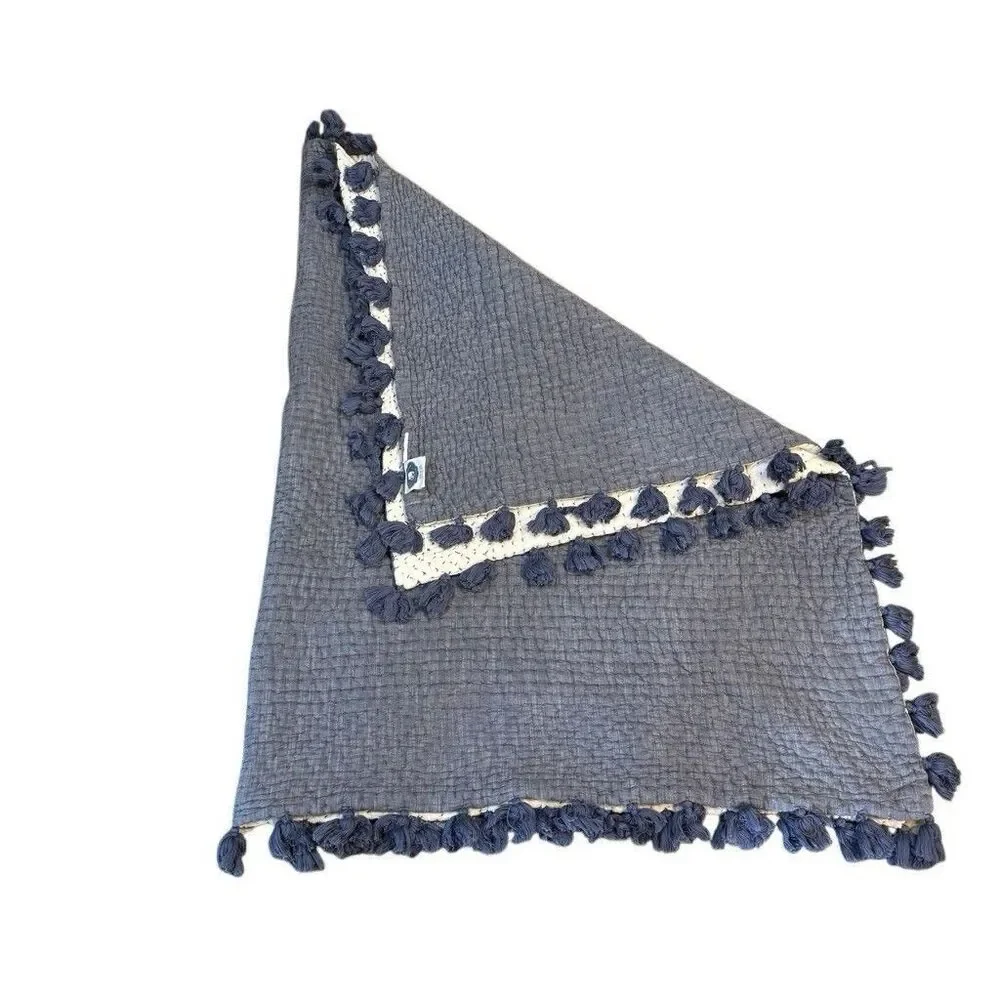 John Robshaw Throw Blue and White Hand Stitched Quilted Tassels